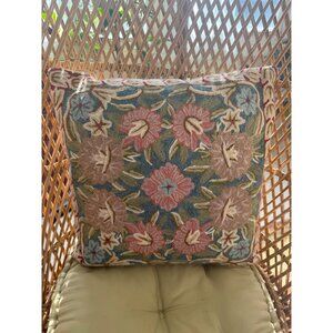 Vintage 80s Floral Wool Crewel Chainstitch Embroidery Accent Pillow 15x16"